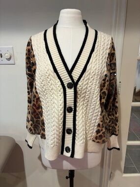 Elle Ivory Cable Knit Cardigan with Leopard Print Sleeves